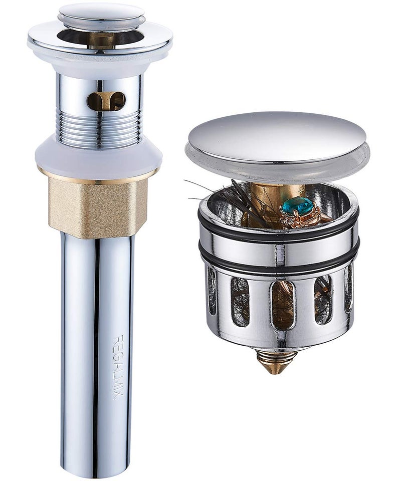 REGALMIX Pop Up Drain Stopper, Built-in Anti-Clogging Strainer, Polished Chrome, Fits Standard American Drain Hole (1-1/2" to 1-3/4") - Image 1